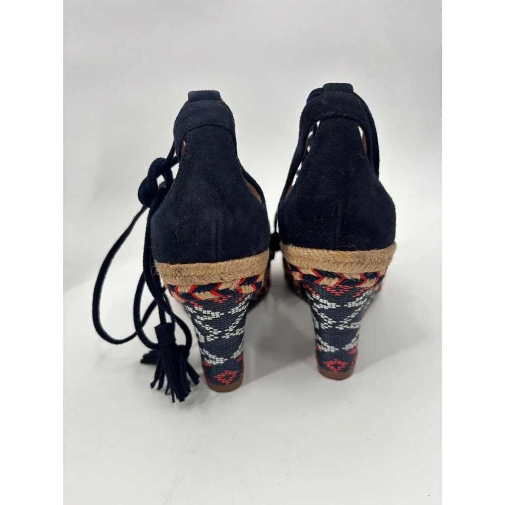 Cabi Espadrille Wedge Sandals Womens 7.5M Navy Blue Suede‎ Lace Up Boho 5310